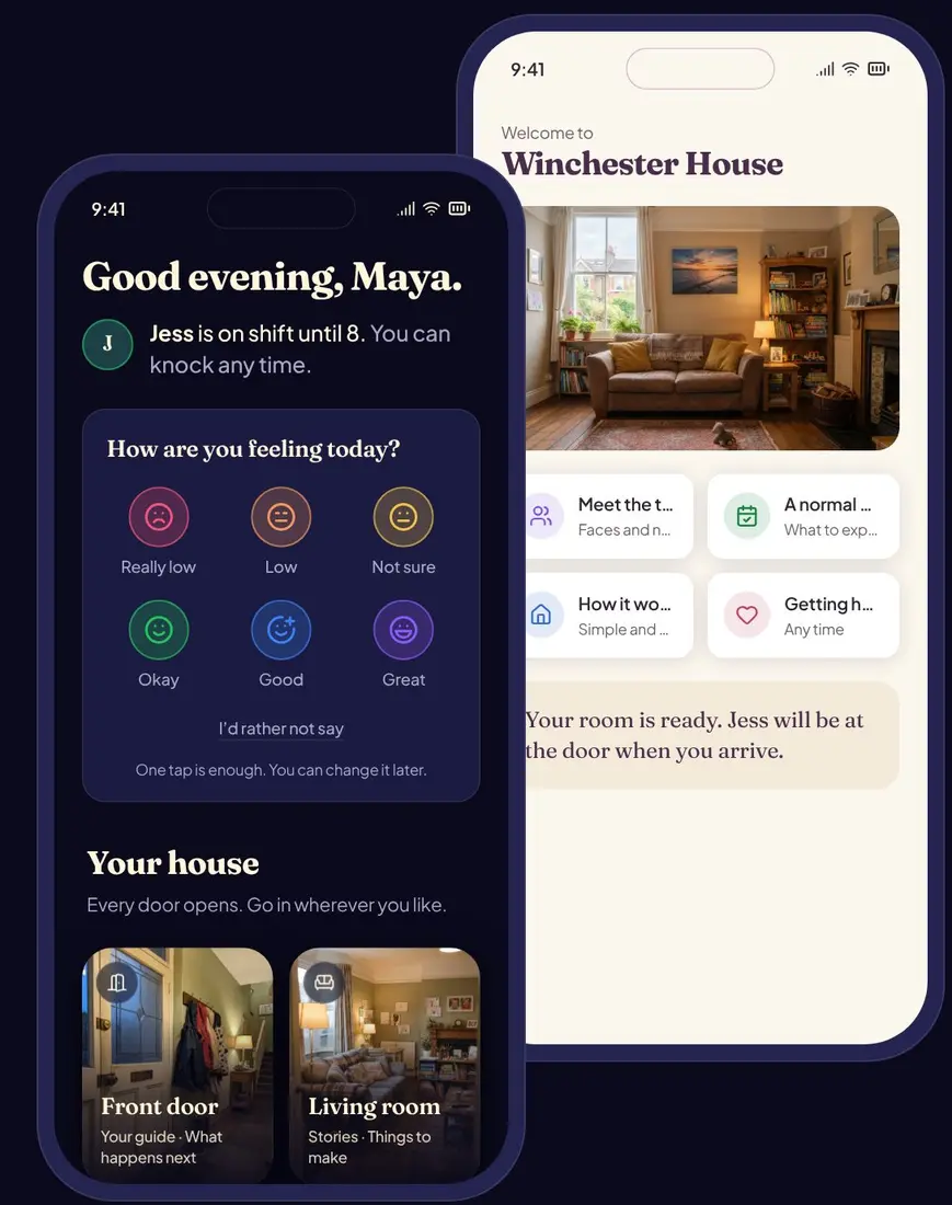 Two phone screens from the OKAYiT app. One greets a young person by name and asks how they are feeling. The other welcomes them to their new house with a photo of the living room.
