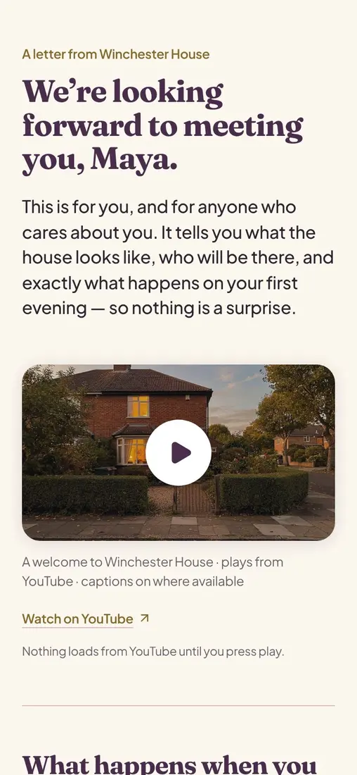 A welcome letter on a phone, headed 'We're looking forward to meeting you', above a video of the house.
